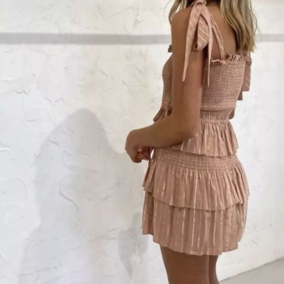 House of Harlow Mini Dress Desert Rose Corinne Smocked Square Neck Preppy Small - Picture 1 of 7